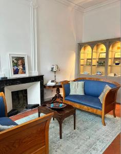 ein Wohnzimmer mit einer blauen Couch und einem Kamin in der Unterkunft Elegant Town house-sleeps 14 in Saint-Hippolyte-du-Fort