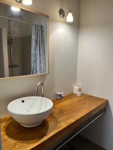 ein Badezimmer mit einem weißen Waschbecken auf einer Holztheke in der Unterkunft Elegant Town house-sleeps 14 in Saint-Hippolyte-du-Fort