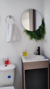 a bathroom with a mirror and a toilet and a sink at GURUS FR | Apartamentos cerca Olaya, Megacable, Terminal in Pereira