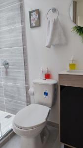a bathroom with a white toilet and a shower at GURUS FR | Apartamentos cerca Olaya, Megacable, Terminal in Pereira +67 photos