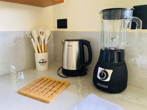 a blender sitting on a counter next to a cutting board at Casa Mi Puerto in Puerto Jiménez