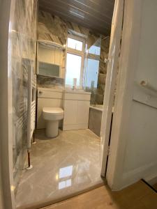 Lovely house for family & group في Wyken: حمام مع مرحاض ومغسلة ونافذة +15 صورة