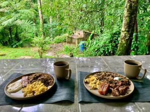 two plates of food on a table with cups of coffee at Luna Escondida in Sarapiquí