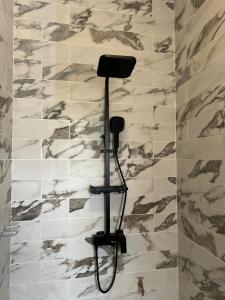 a shower in a bathroom with a stone wall at OREMA Residence in Cotonou