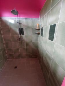 a bathroom with a shower with a pink ceiling at CHEZ ALIZHIA in Nuku Hiva +15 photos