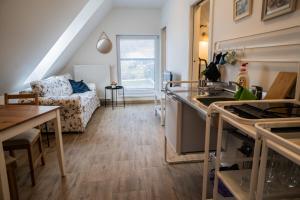 a kitchen and living room with a couch at Varalja Apartments in Plavecké Podhradie