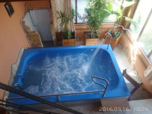 eine blaue Badewanne in einem Zimmer mit Topfpflanzen in der Unterkunft Legányi Apartmanház in Eger