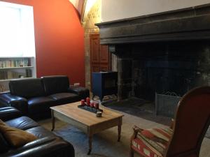 a living room with a couch and a fireplace at La Maison du Voyageur 1546 in Passavant