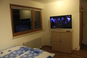 a bedroom with a flat screen tv and a bed at Haus Frei-Zambra in Vandans