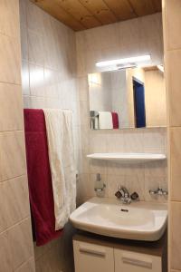 a bathroom with a sink and a mirror and towels at Haus Frei-Zambra in Vandans +10 photos
