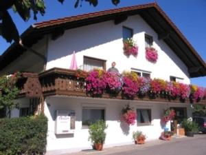 a man standing on the balcony of a white building with flowers at FEWO Prackenbach in Prackenbach