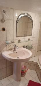 a bathroom with a white sink and a mirror at Ferienwohnung Bienchen in 04680 in Colditz +18 photos