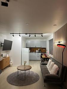 ein Wohnzimmer mit Sofa und Tisch in der Unterkunft Cityview Studio Ivalo Stay in Inari