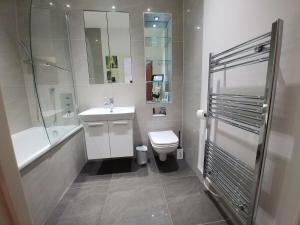 a bathroom with a sink and a toilet and a shower at Reigate - Lovely modern serviced apartment in Reigate