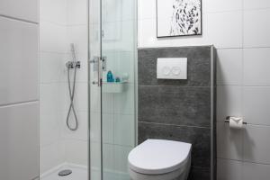 ein Badezimmer mit Toilette und Glasdusche in der Unterkunft Grasse 150 - Kustpark Village Scaldia in Hoofdplaat + 12 Fotos