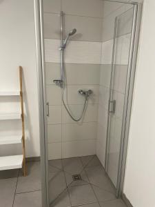 a shower with a glass door in a bathroom at 2 bedroom Apartment in wine region in Ipsheim