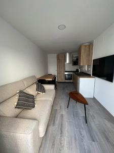 ein Wohnzimmer mit Couch und Küche in der Unterkunft Piso céntrico en Conil de la Frontera in Conil de la Frontera