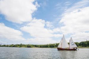 a boat with white sails in the water at Ferienwohnung Villa Wagersrott - stilvoll, großzügig mit Sauna & großem Garten in Wagersrott