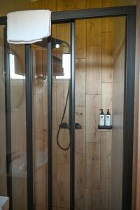 a shower with a glass door in a bathroom at Kintų Perlas Vila dviems VII in Kintai