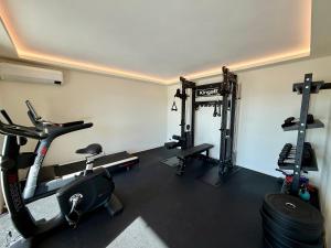 a gym with two treadmills and two tread machines at Hotel & Restaurant Pahor in Doberdò del Lago