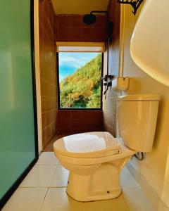 a bathroom with a toilet and a window at Villane Tumpeng in Giripurno
