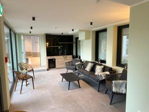 a living room with a couch and chairs and a kitchen at Privat-Hotel Villa Aurora in Bad Neuenahr-Ahrweiler +70 photos
