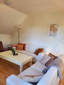 a living room with white couches and a table at Cosy Apartment Sternberg am National Park in Frankenau