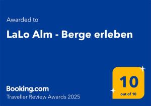 Certifikát, ocenenie alebo iný dokument vystavený v ubytovaní LaLo Alm - Berge erleben