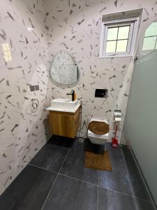 a bathroom with a toilet and a sink and a window at One bedroom apartment by NMB STUDIO in Tema