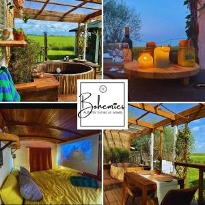 un collage de fotos de una casa con cocina y mesa en Winterharde pipowagen met hottub, bbq & uitzicht, en Luttelgeest