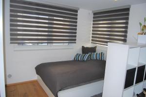 a bedroom with a bed and two windows with blinds at Unter der Yburg Stetten in Stetten