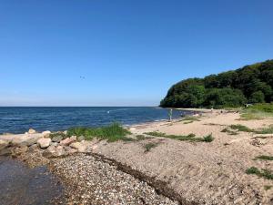 a beach with a group of people and the ocean at Ferienwohnung Gut Hardesby in Sörup