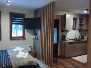 a bedroom with a bed and a small kitchen at студио Е 13 in Pamporovo