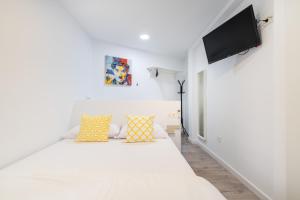 sypialnia z białym łóżkiem i telewizorem z płaskim ekranem w obiekcie BF Rooms Almeria Centro w mieście Almería