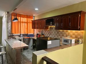 a kitchen with brown cabinets and a counter top at Departamento Centrico Morelos in Arandas