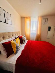 a bedroom with a large bed with a red blanket at Departamento bellas artes in Santiago