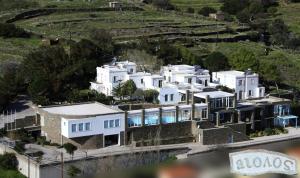 an aerial view of a large white house at Aiolos Hotel Andros in Ménites