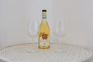 una botella de vino sentada entre dos copas de vino en SG Rooms - Casa Laura, en Peschiera del Garda