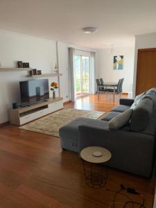 卡尼索Ocean View Condo的客厅里有一张沙发和一台电视