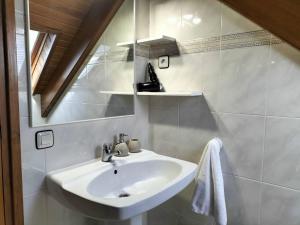 a white bathroom with a sink and a mirror at La Lucana Ordesa apartamento in Laspuña +34 photos