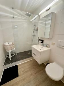 a bathroom with a toilet and a sink and a shower at HappyStayApartments in Villach +63 photos