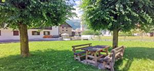 ジアーノ・ディ・フィエンメにあるTrilocale mansardato nel cuore della Val Di Fiemmeの畑の木々とピクニックテーブル