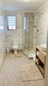 a bathroom with a toilet and a shower and a sink at Wildsands Bed & Breakfast in Wilderness
