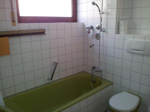 a bathroom with a green bath tub and a toilet at Ferienwohnung Meier in Kressbronn am Bodensee