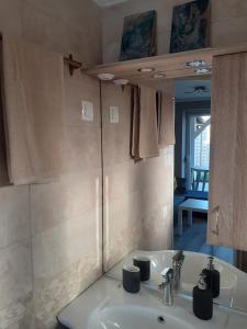 a bathroom with a sink and a mirror at Művészház Nyaraló in Békésszentandrás +18 photos
