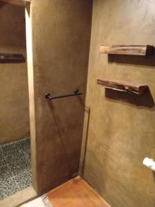 a shower in a bathroom with a wooden wall at Travelers Nest in St Lucia