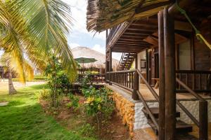 a porch of a house with a palm tree at Cabaña San Miguel in Moñitos