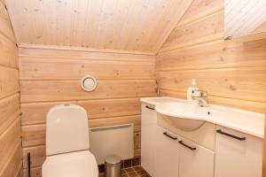 a small bathroom with a toilet and a sink at Villa Pyry in Vuokatti +29 photos