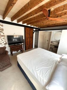 a bedroom with a bed and a flat screen tv at Casa pi in Bunyola