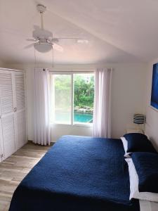 a bedroom with a blue bed and a window at Casa Delfìn in Puerto Aventuras
